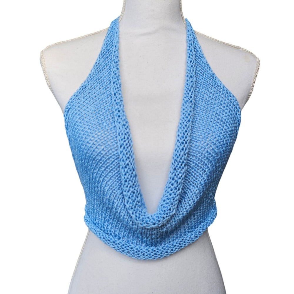 Handmade Knit Halter Top Blue, Small to Medium, Boho Festival Wear, Rave Clothes - Picture 2 of 8